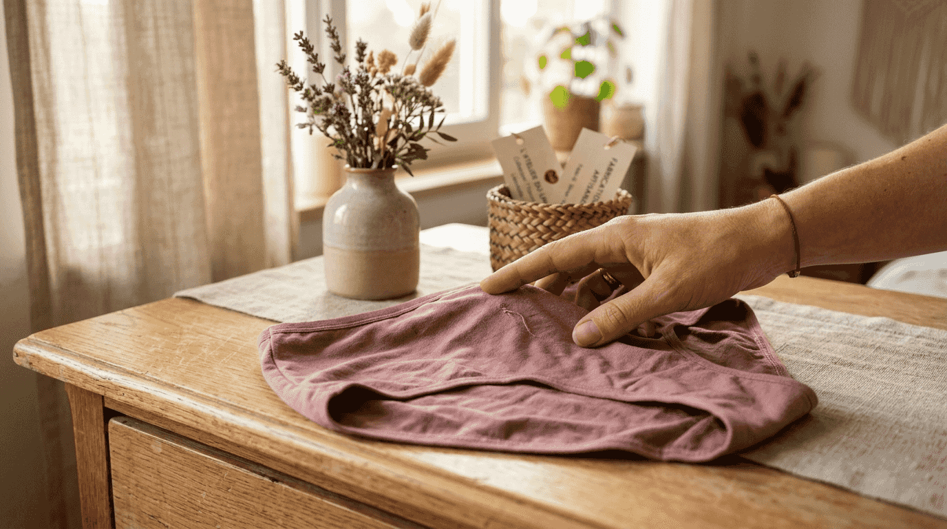 Gros plan sur une main effleurant une culotte en microfibre