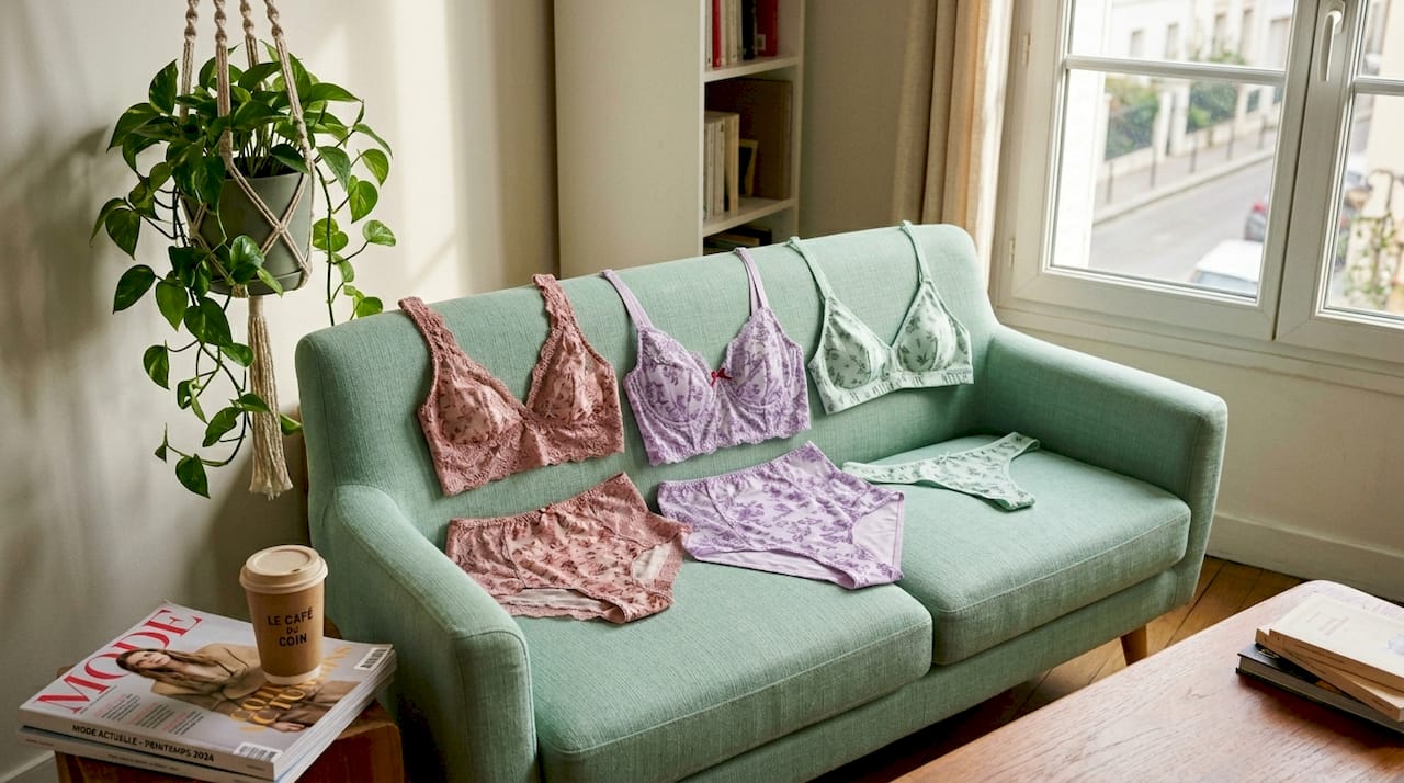 Jolis ensembles de lingerie aux teintes pastel et motifs floraux délicatement disposés sur un canapé.