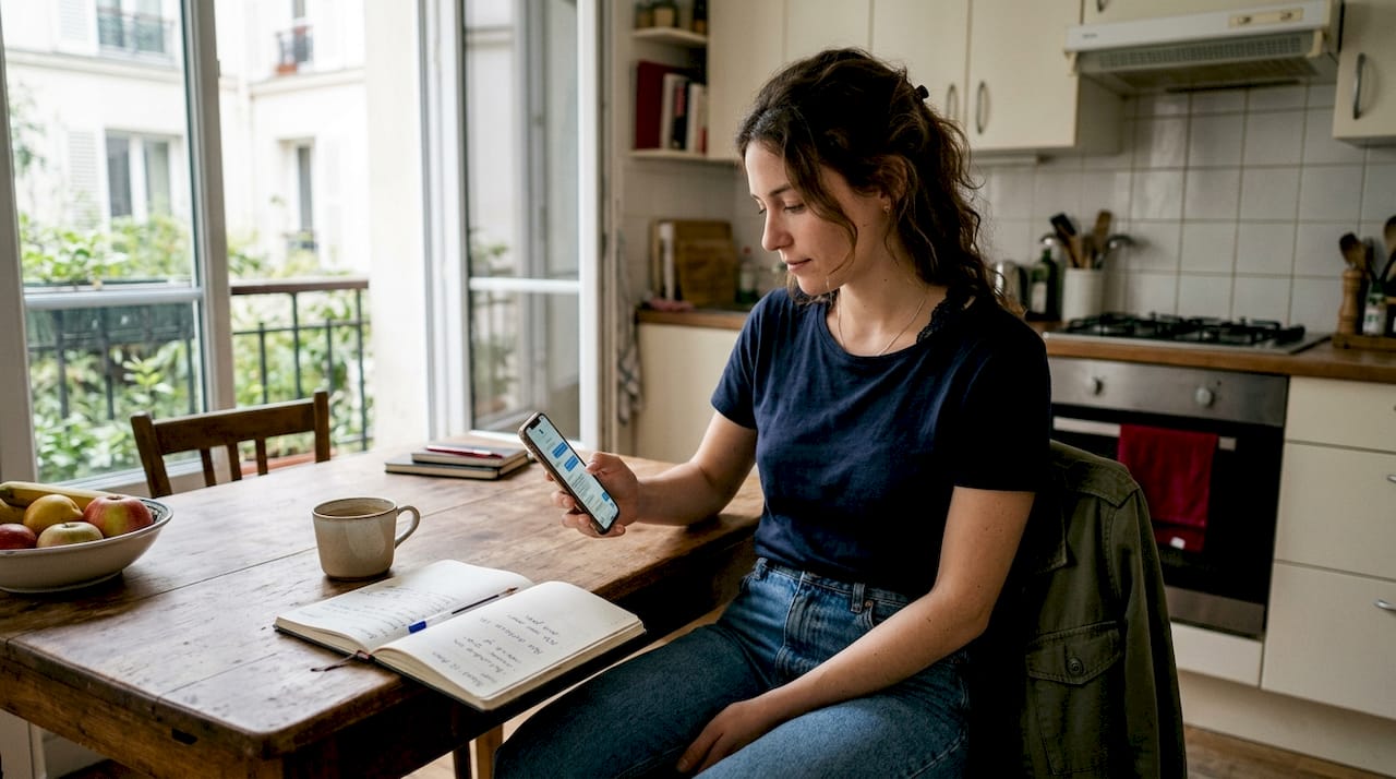 Une femme en lingerie et jean, en train de préparer quelque chose dans sa cuisine.