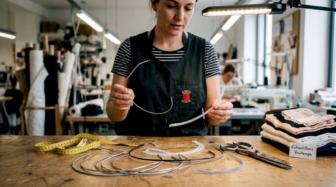 Des mains examinent et comparent les baleines et les tissus de différents soutiens-gorge.