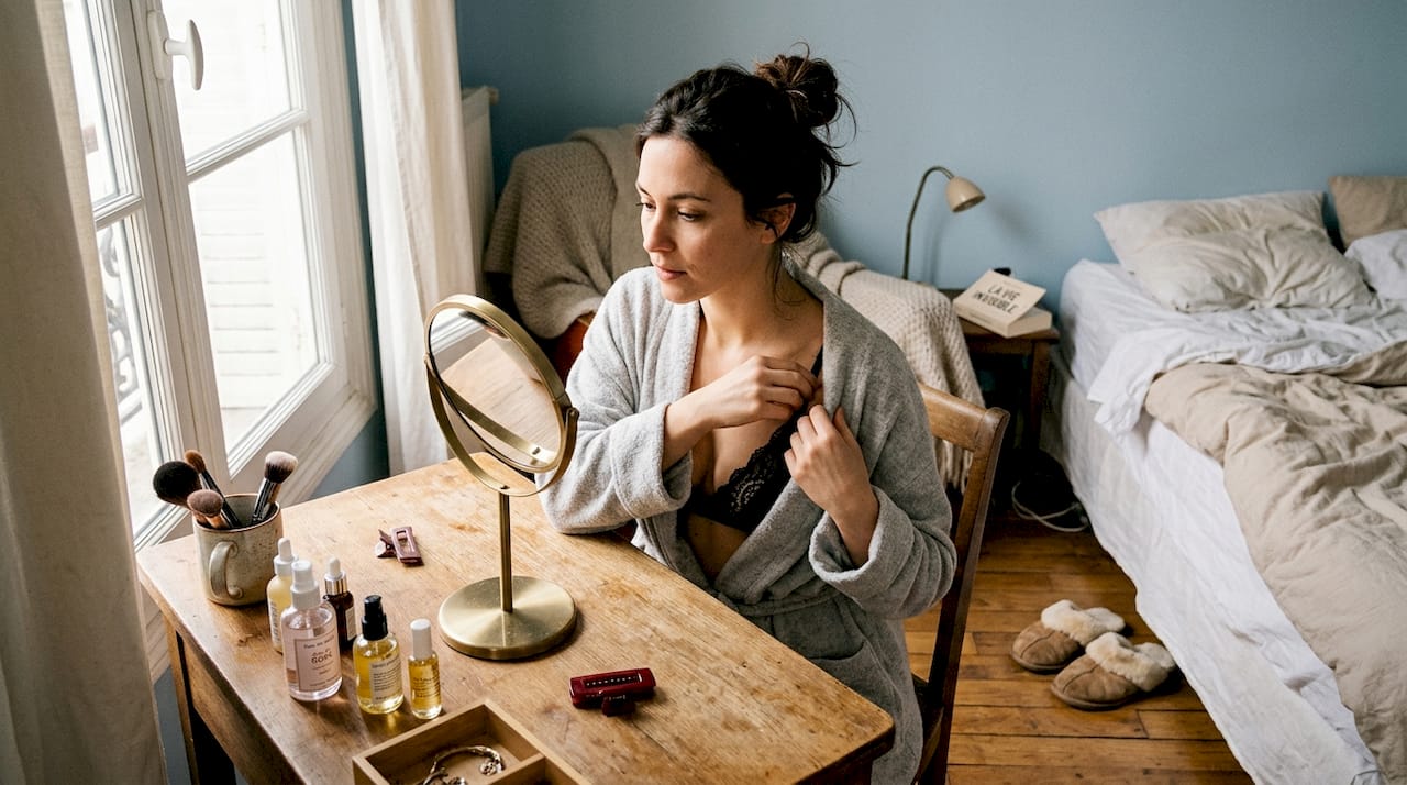 Une femme essaie de la lingerie devant sa coiffeuse dans la chambre.