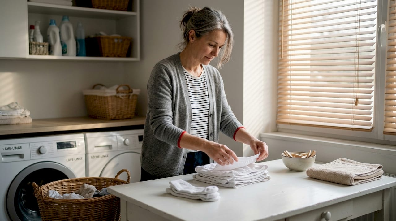 Je prends le temps de plier mes sous-vêtements en coton dans la buanderie.