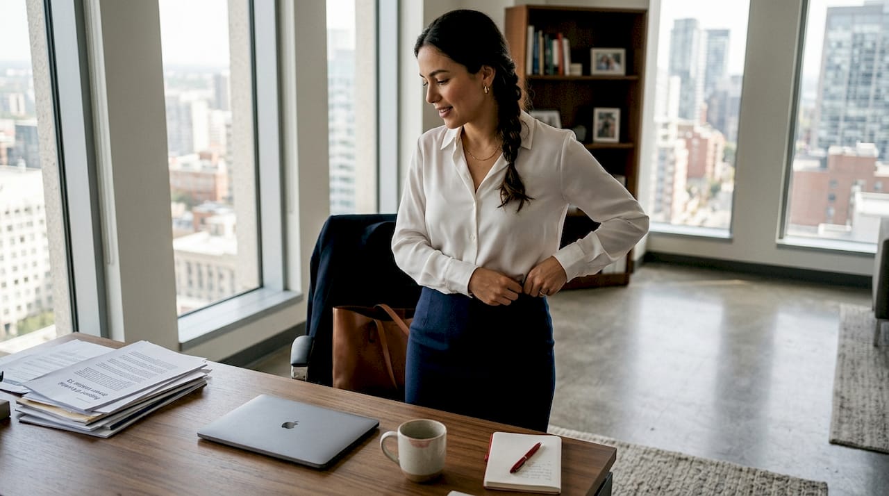 Une femme active au bureau, élégante et à l’aise dans sa lingerie invisible.