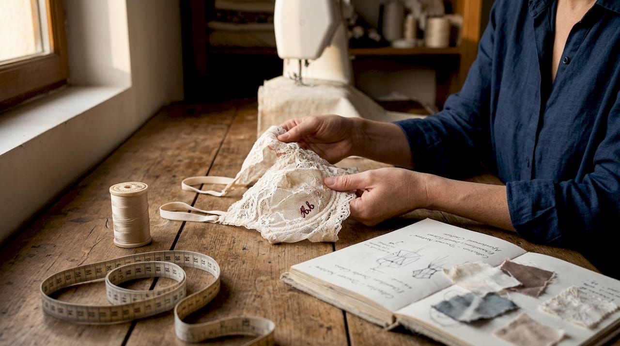 Des mains expertes passent délicatement le tissu en dentelle d’une lingerie raffinée, appréciant la finesse de ses motifs et la douceur de la matière.