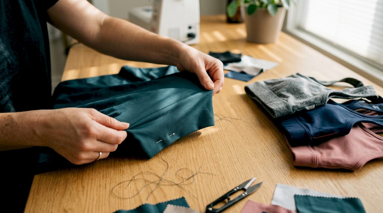 Des tissus sportifs passés au crible sous la lumière du soleil sur une table