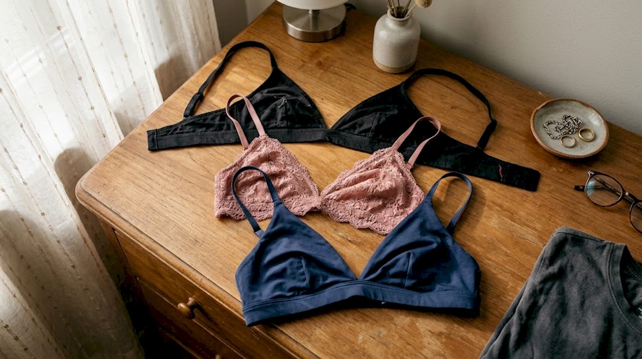 Trois brassières triangle aux textures différentes posées sur une commode