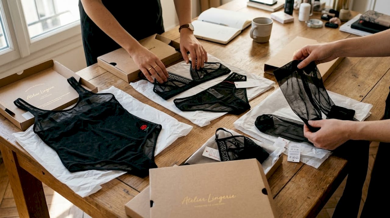 Des mains sélectionnent différentes pièces de lingerie en tulle, chacune affichant son propre style.