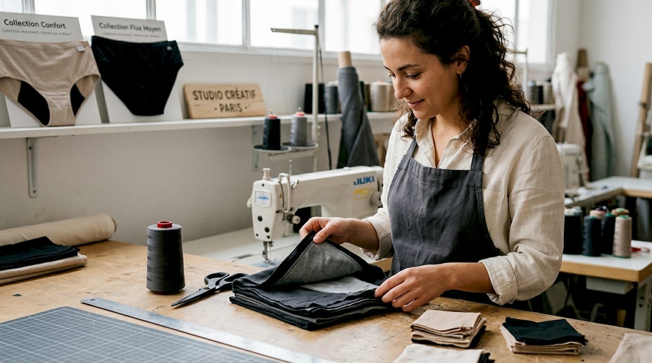 Un employé inspecte les différentes couches d’une culotte menstruelle pour en vérifier la qualité.