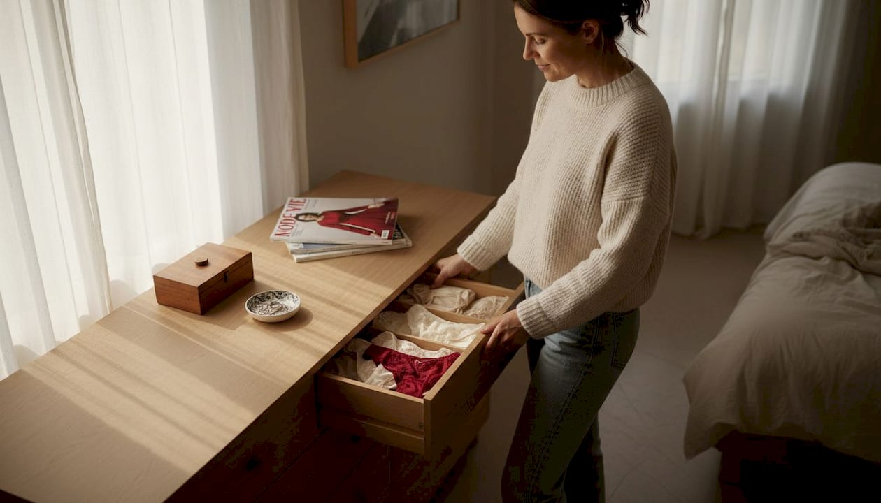 Une femme prend le temps de choisir avec soin de la belle lingerie dans son tiroir.