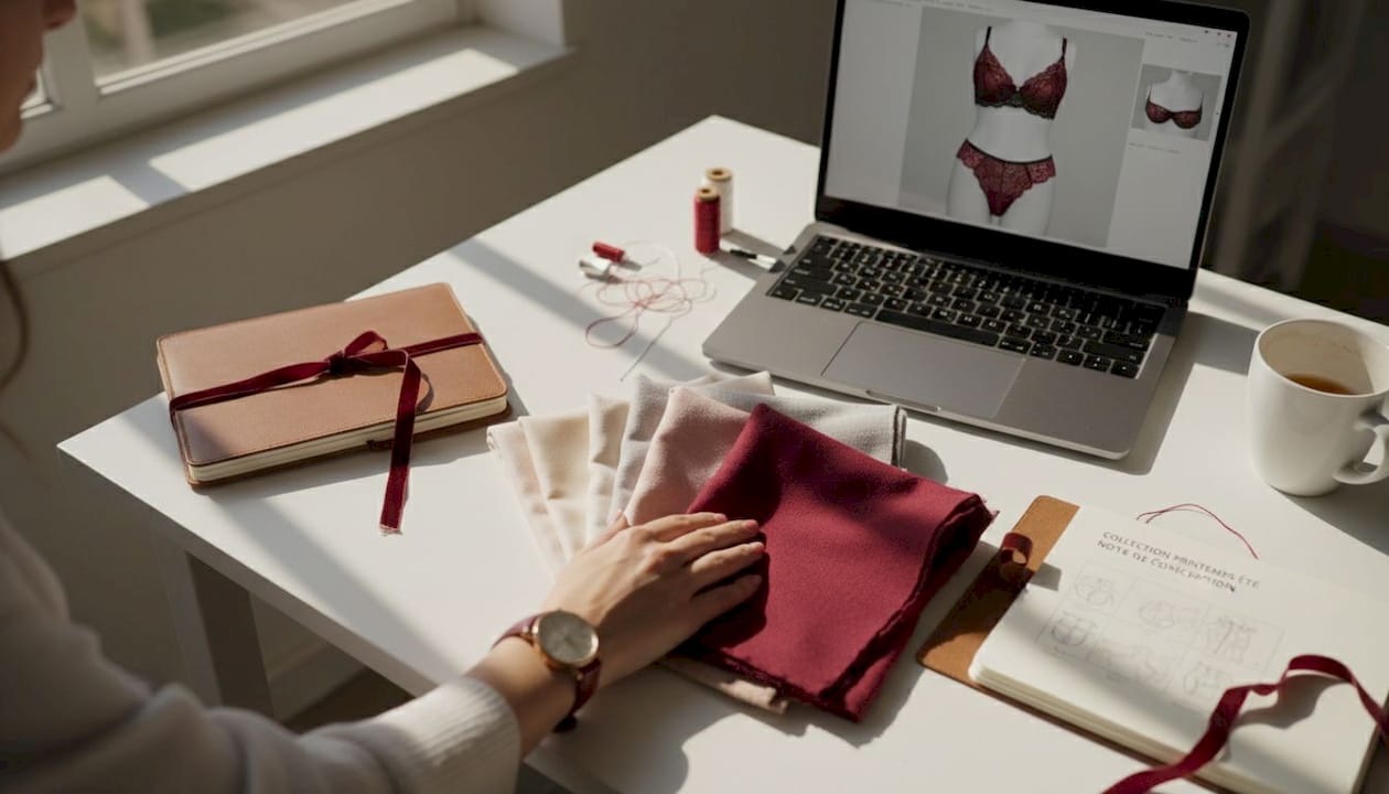 Des échantillons de dentelles et tissus pour lingerie sont étalés sur mon bureau, prêts à inspirer les prochaines créations.