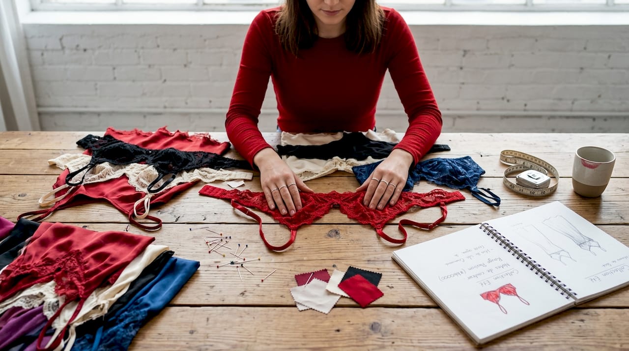 Quelques pièces de lingerie soigneusement disposées sur la table du styliste.