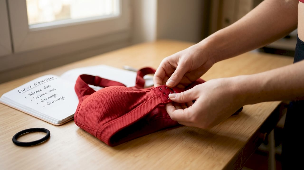Des mains en train d’ajuster l’attache d’une brassière de sport, accompagnées de quelques accessoires.