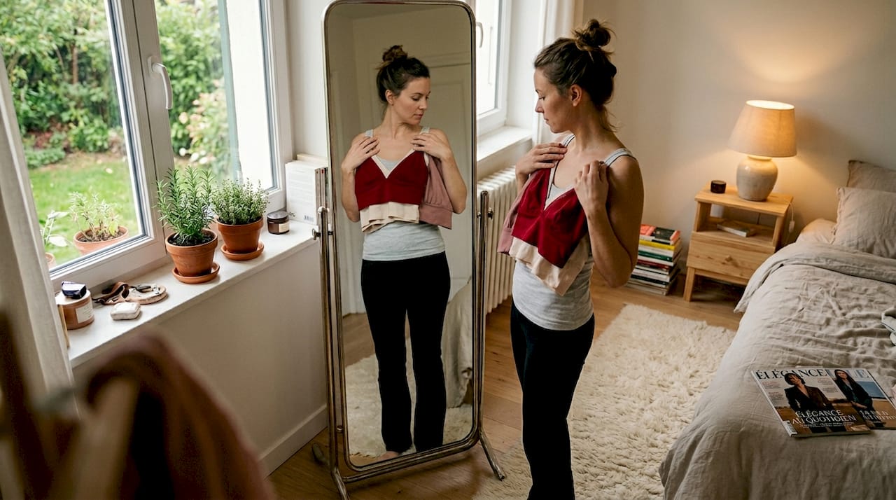 Une femme essaie différents modèles de lingerie devant son miroir, hésitant entre plusieurs styles pour trouver celui qui la met le plus en valeur.