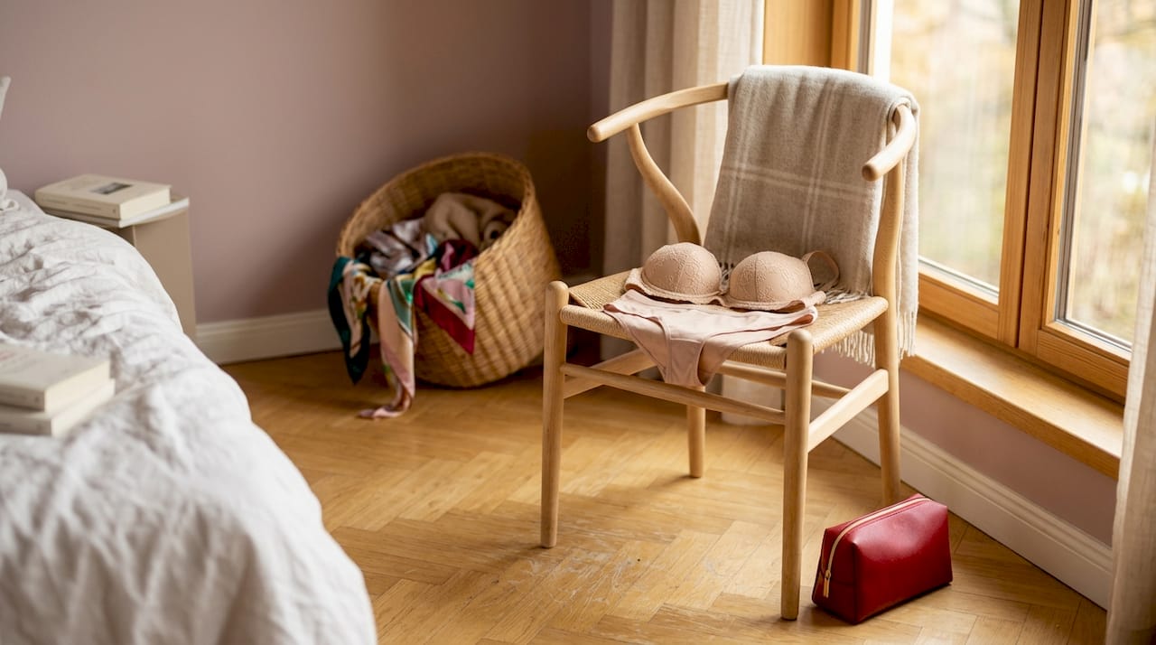 Un ensemble de lingerie soigneusement posé sur une chaise dans le dressing.