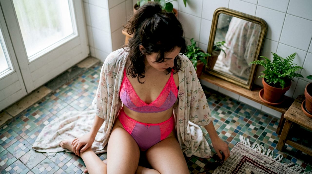 Vue de profil d’une femme en lingerie rétro et colorée, mise en valeur dans une ambiance douce en studio.