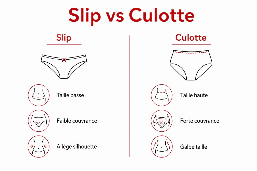 Infographie : quelles différences entre un slip et une culotte ? Zoom sur la forme et le niveau de couvrance.