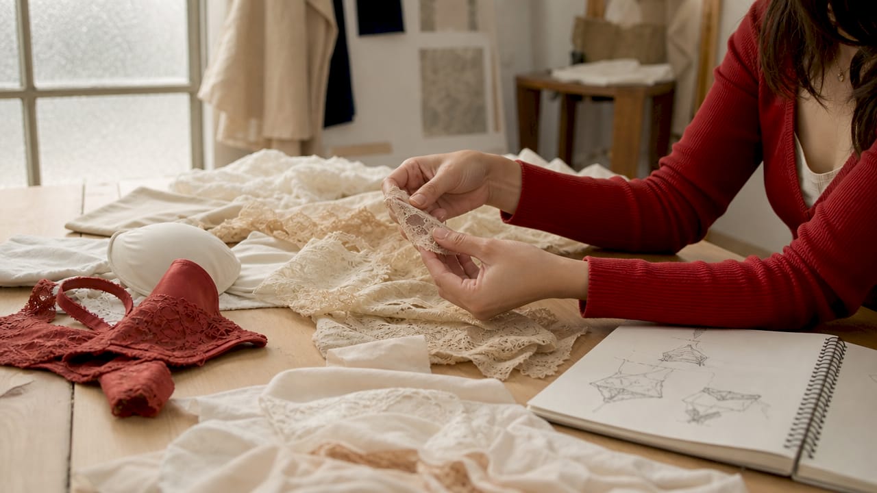 Les mains d’une styliste effleurent délicatement les tissus de lingerie pour en apprécier la douceur et la qualité.