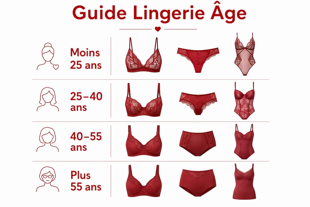 Infographie illustrant l’évolution des besoins en lingerie selon les âges, présentée sous forme d’étapes verticales
