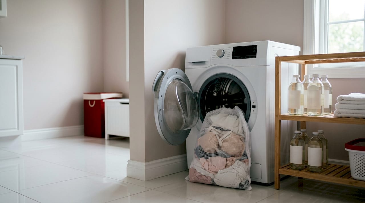 Buanderie : sous-vêtements délicats placés dans un filet de lavage, prêts à passer en machine.