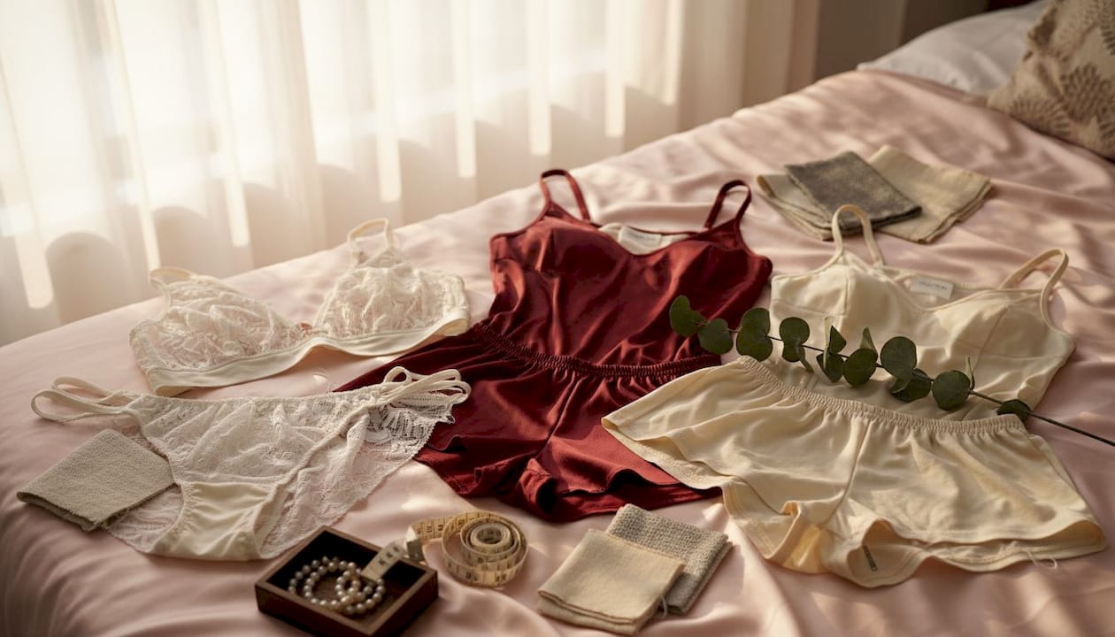 Vue d’ensemble de plusieurs ensembles de lingerie soigneusement disposés, mettant en valeur les matières et les coupes variées.