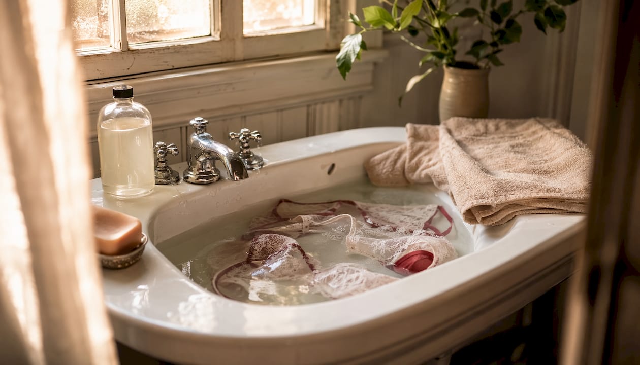 Tout le nécessaire pour un lavage délicat de la lingerie installé sur le coin du lavabo dans la salle de bain.
