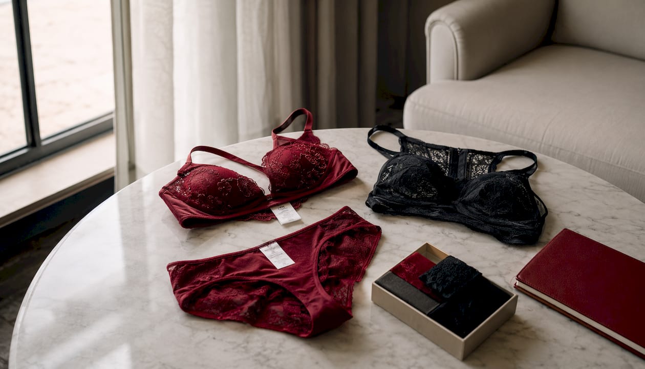 Gros plan sur les étiquettes indiquant la taille et la composition d’un ensemble de lingerie
