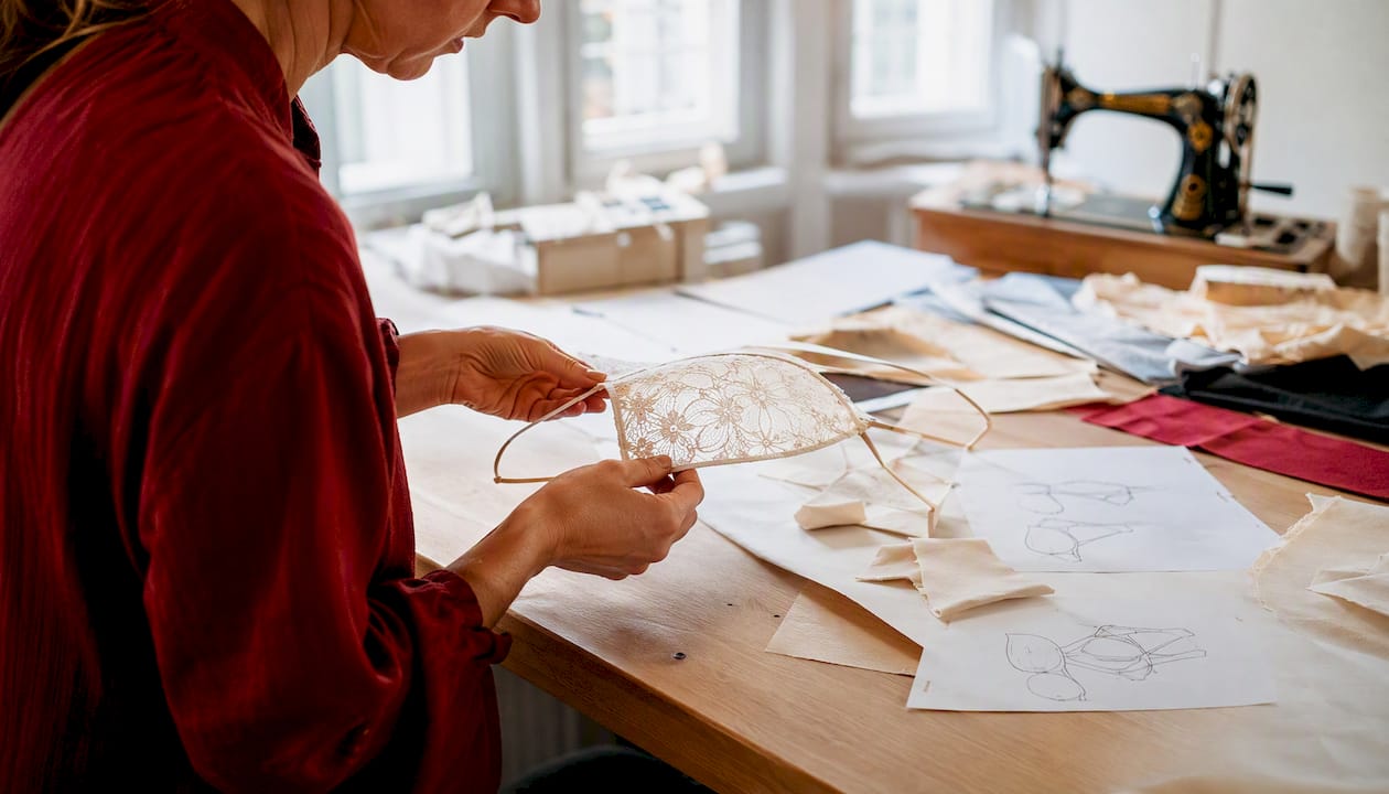 Des mains ajustent une armature souple de soutien-gorge sur une table de couture.
