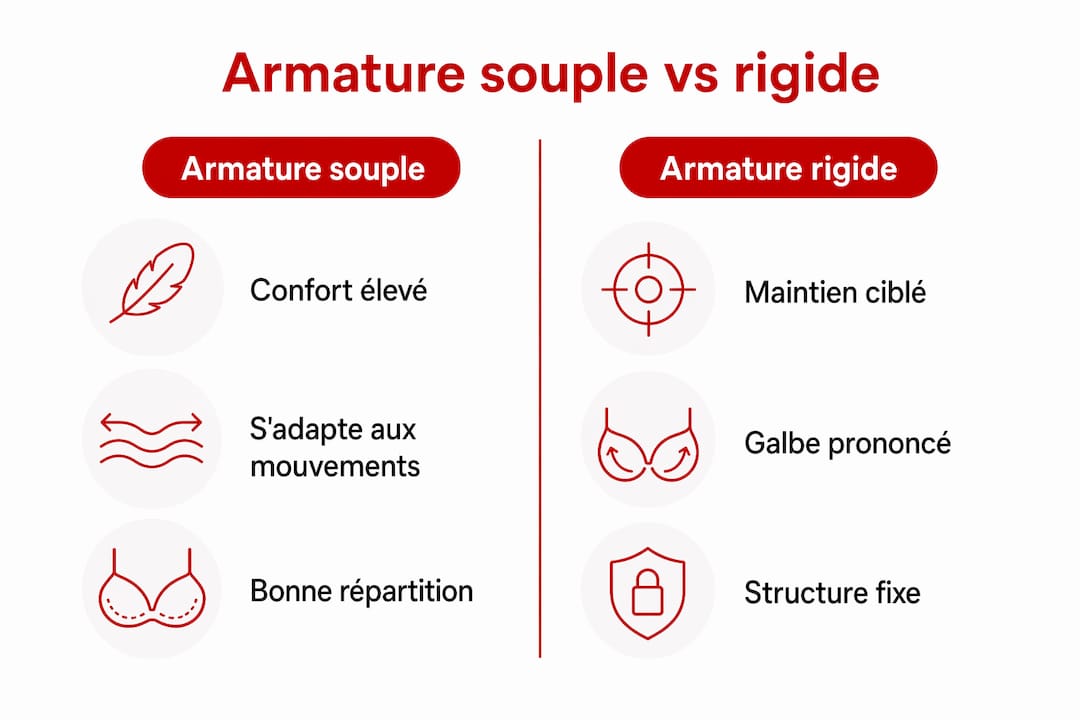 Infographie mettant en lumière les différences entre armatures souples et armatures rigides pour soutiens-gorge