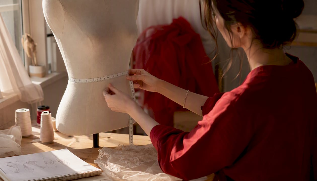 Des mains s'affairent à prendre les mesures d'un bustier sur un mannequin de couture.
