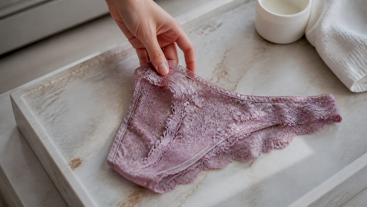 Une main glisse délicatement de la lingerie en dentelle dans un filet de lavage.