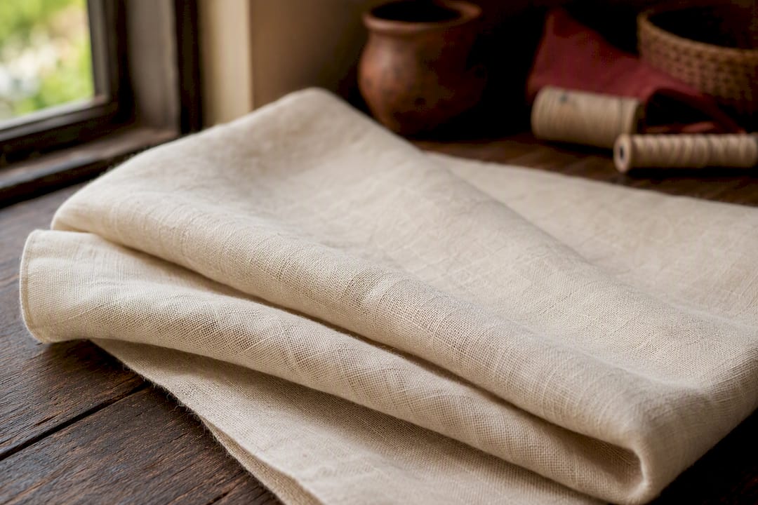 Vue en détail de la texture d’un tissu en lin beige