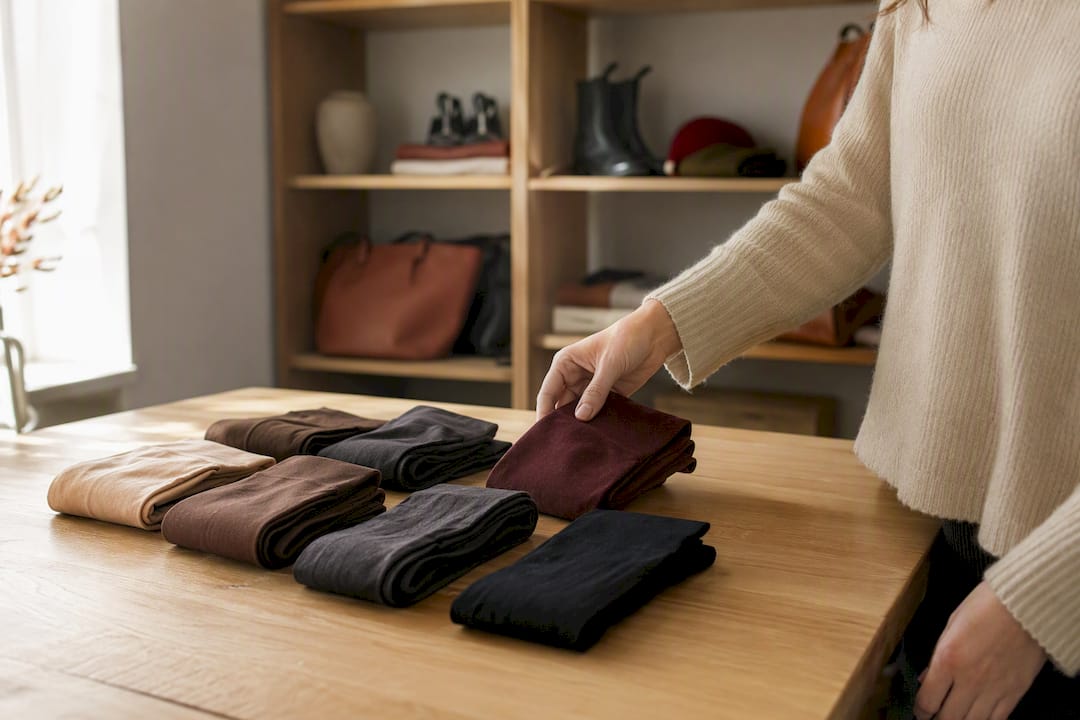 Mains choisissant des échantillons de collants de différentes épaisseurs