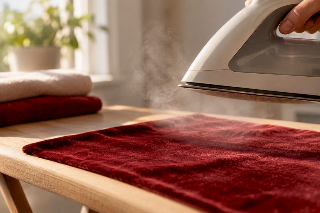 Fer à vapeur au-dessus du velours froissé