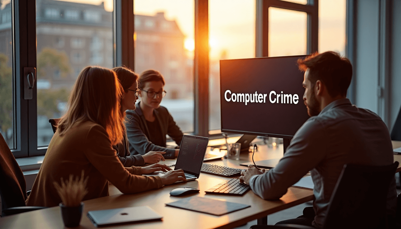 Dutch office workers collaborating on cybersecurity with 'Computer Crime' text on monitor