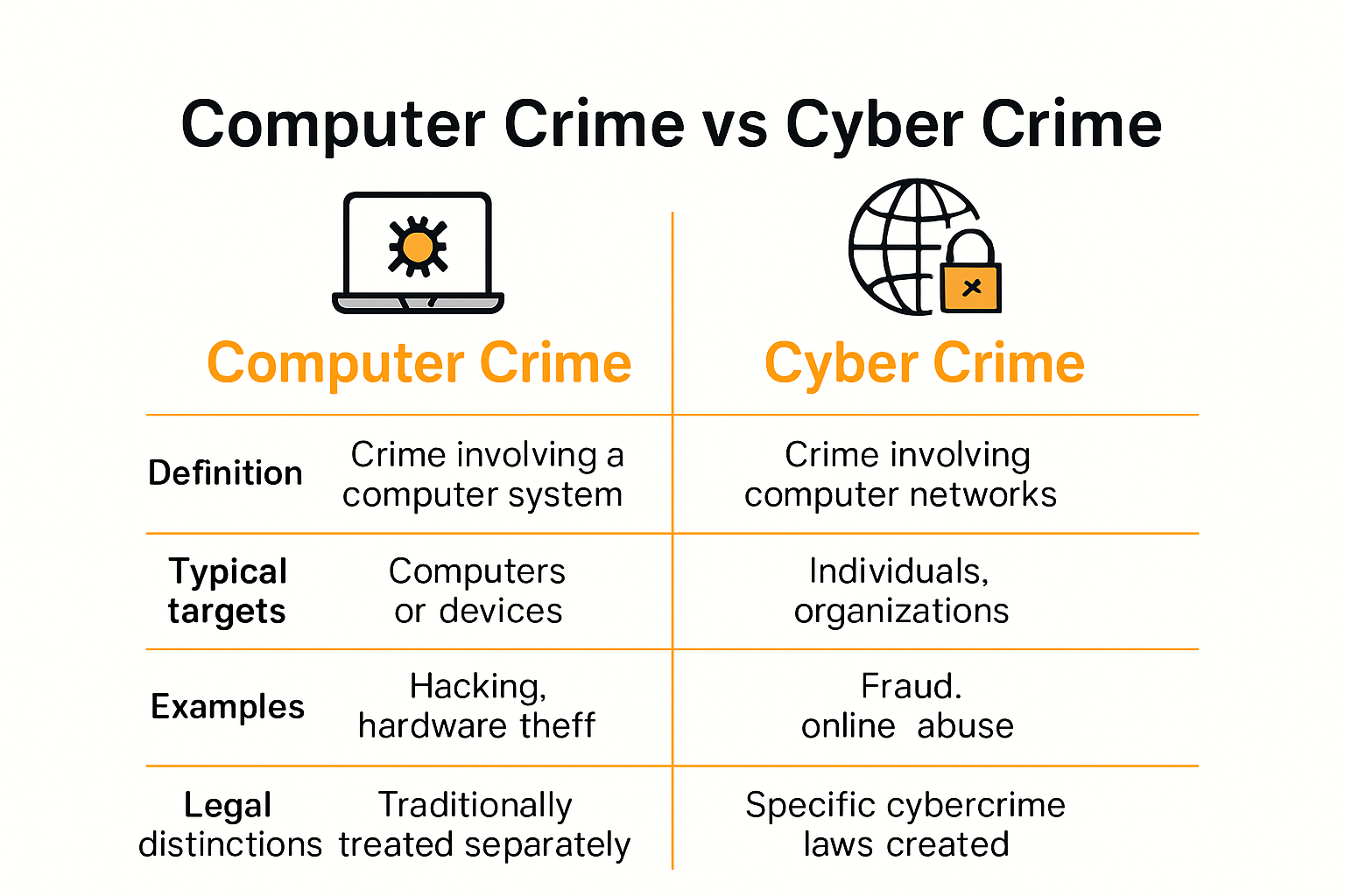 Infographic comparing computer crime vs. cyber crime differences