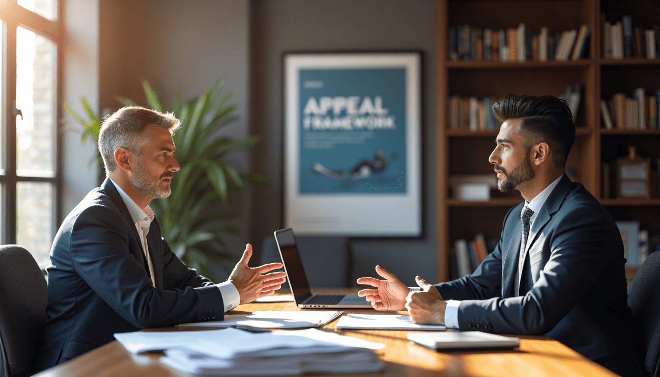 Immigration lawyers reviewing documents in natural-lit office with appeal framework poster