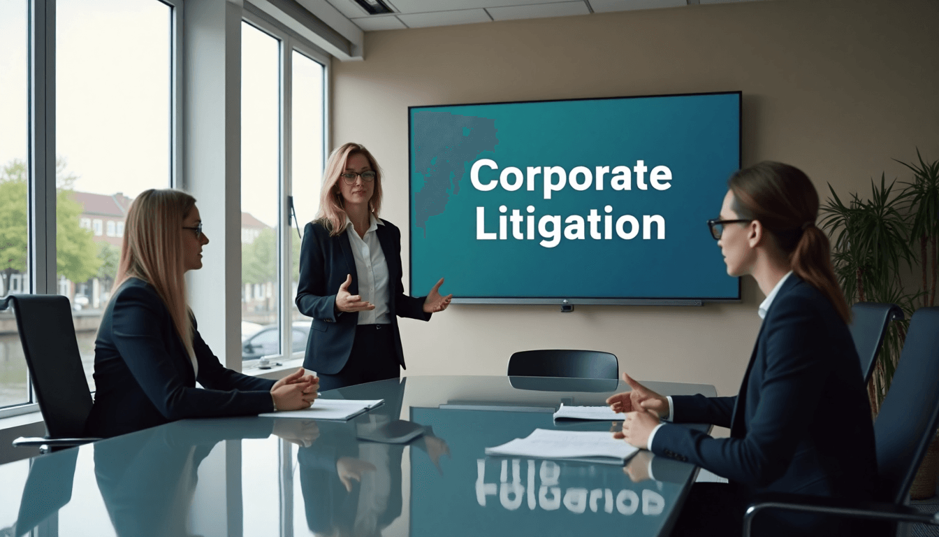 Professional lawyers in Dutch office discussing corporate litigation