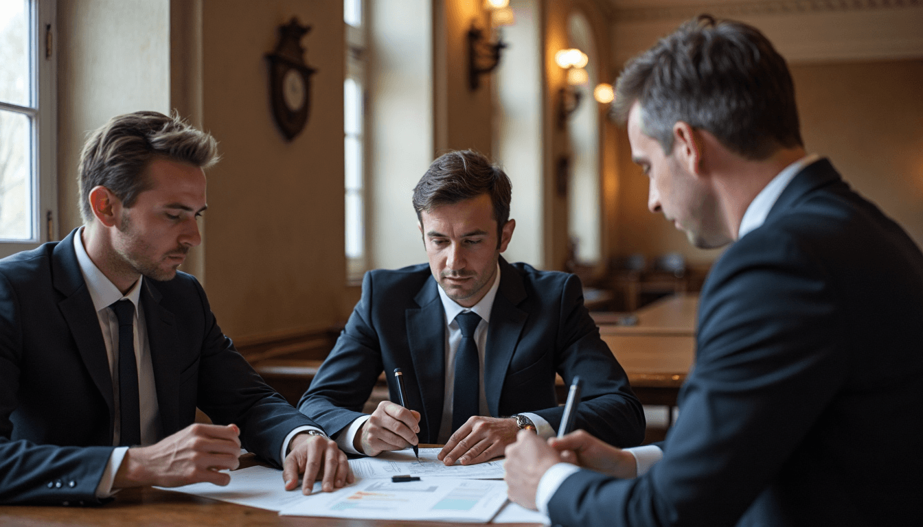 Businesspeople consulting with lawyer in Dutch courtroom setting