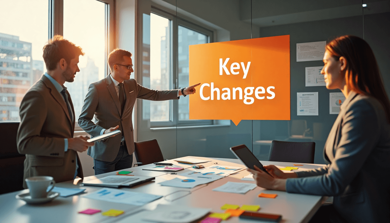 Office team discussing energy, 'Key Changes' poster behind them