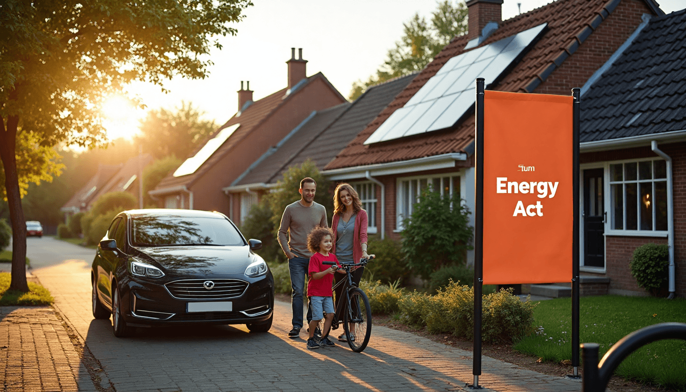 Dutch family with solar panels, street banner says Energy Act