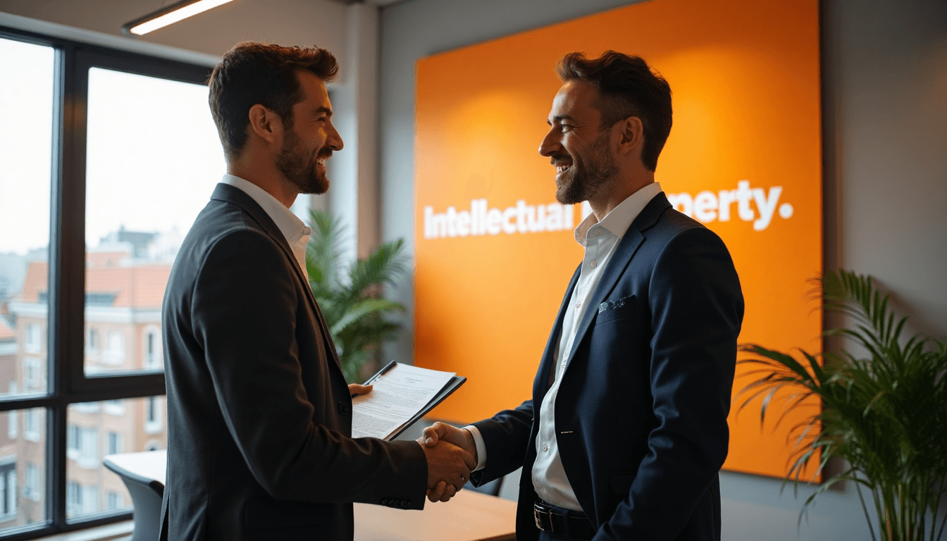 Business partners shaking hands in bright Dutch law office with intellectual property banner