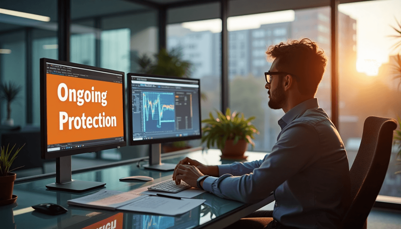 Legal analyst at desk monitors ongoing protection in modern Dutch office