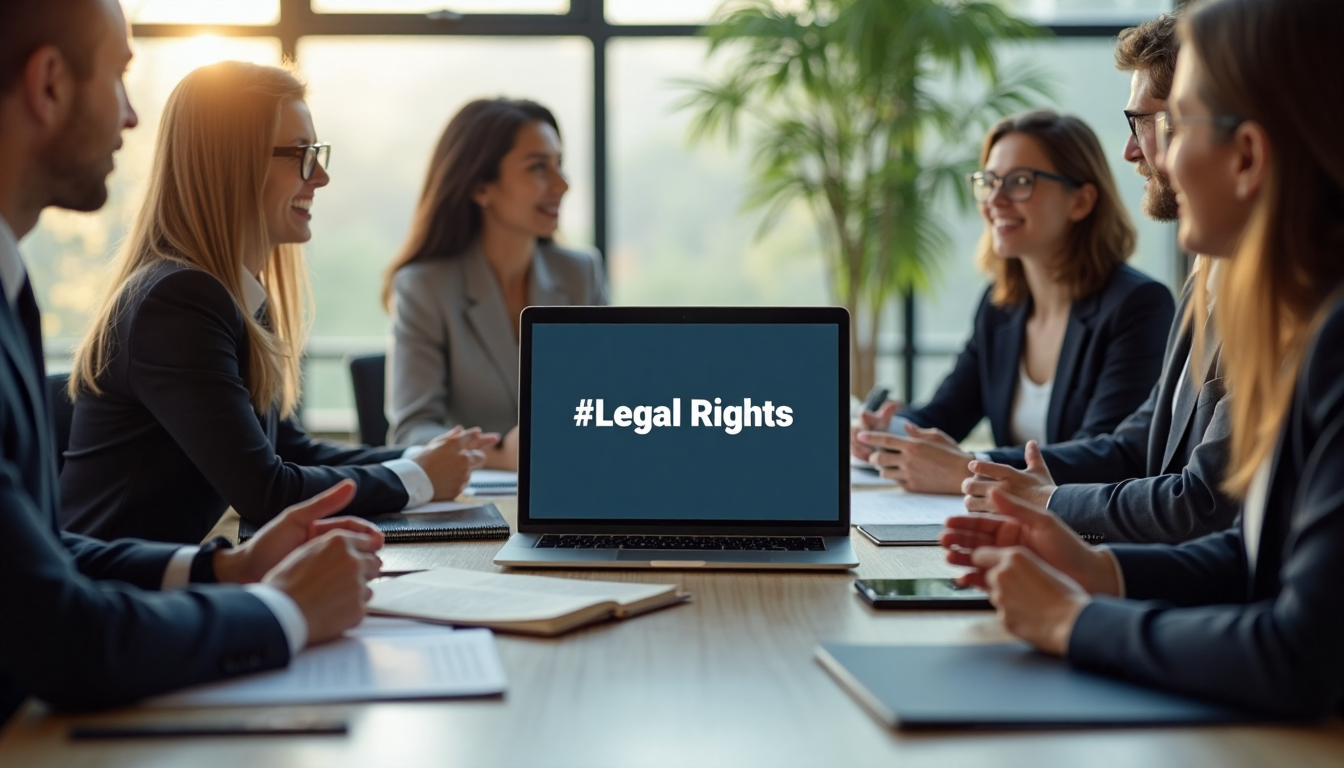 Business group meets lawyer, laptop displays legal slide
