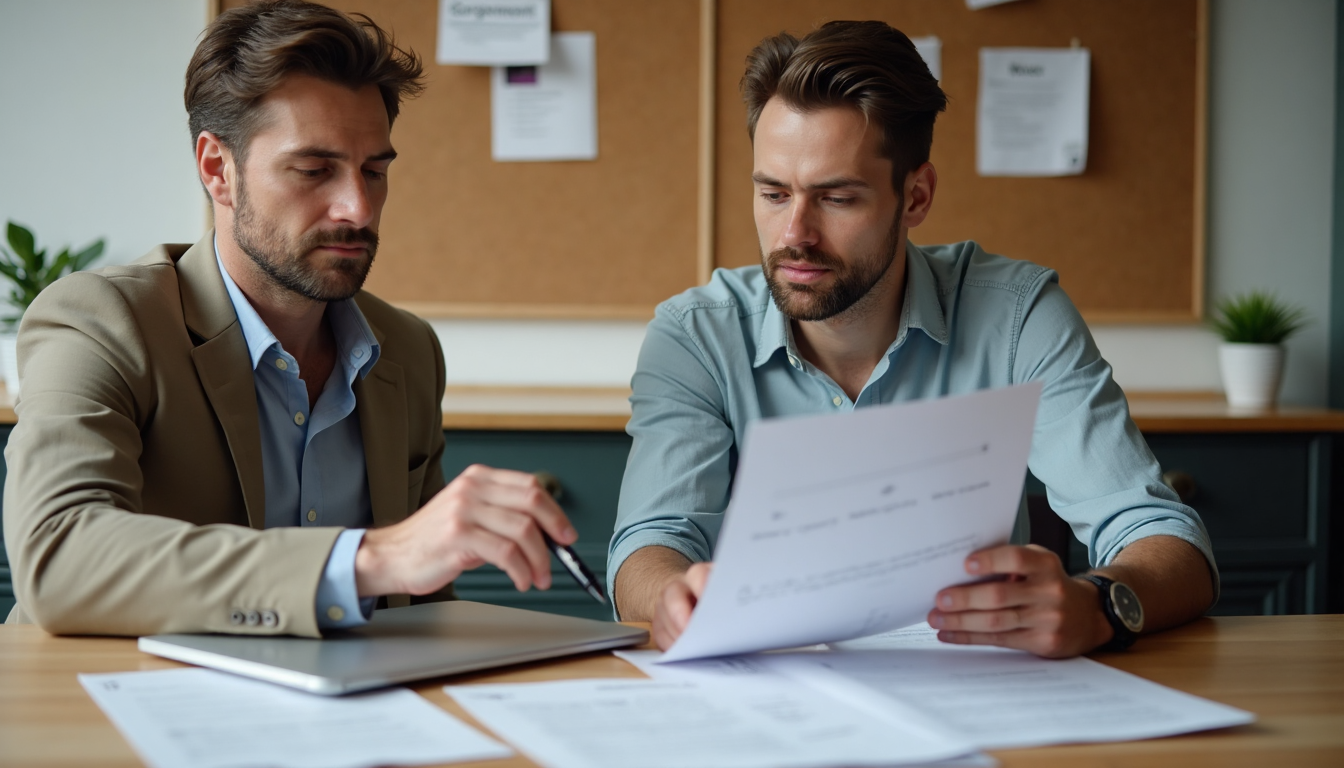 Landlord and tenant reviewing detailed rental agreement at kitchen table
