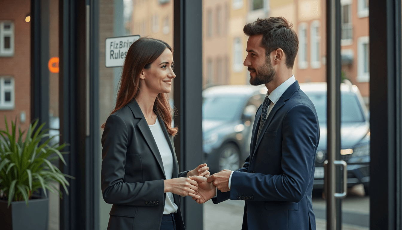 Dutch landlord handing keys to tenant showing focus on rental rules