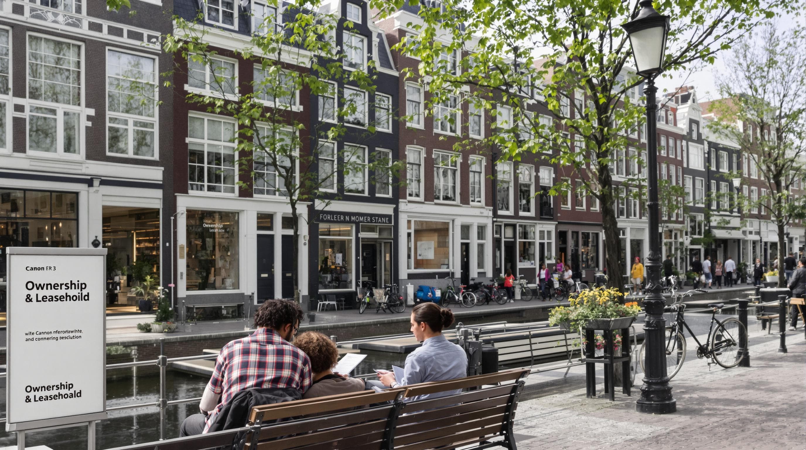 Couple reviews property options by Amsterdam canal with 'Ownership | Leasehold' sign nearby