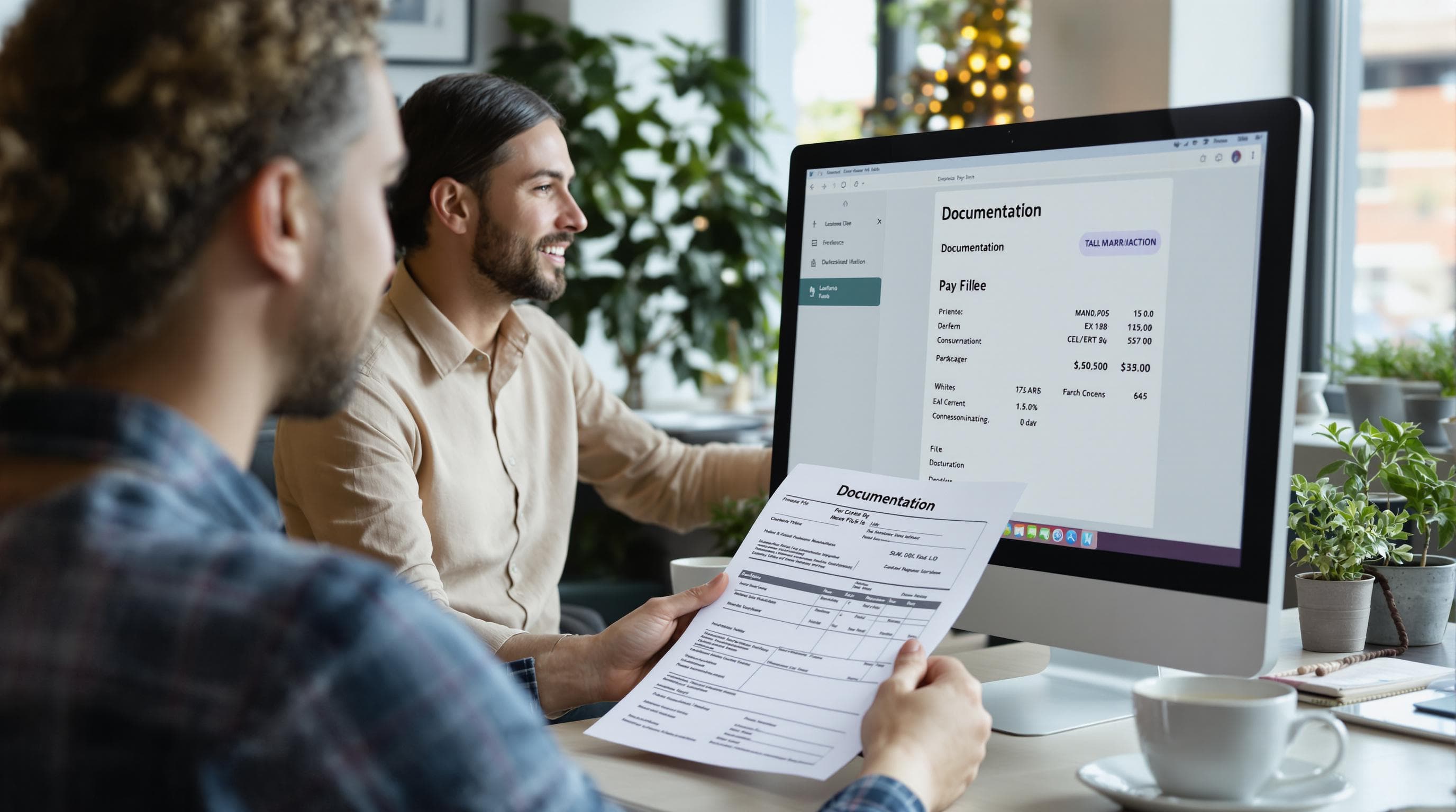 Dutch HR manager and employee review personnel file and pay slip for documentation