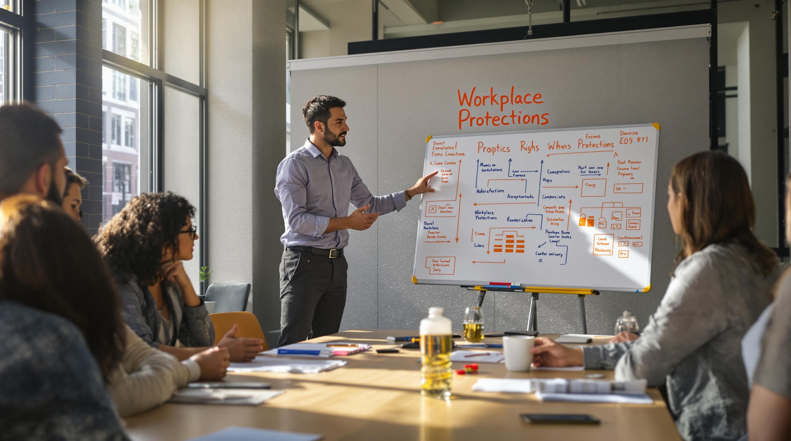 Employment lawyer discusses workplace protections with employees using a whiteboard