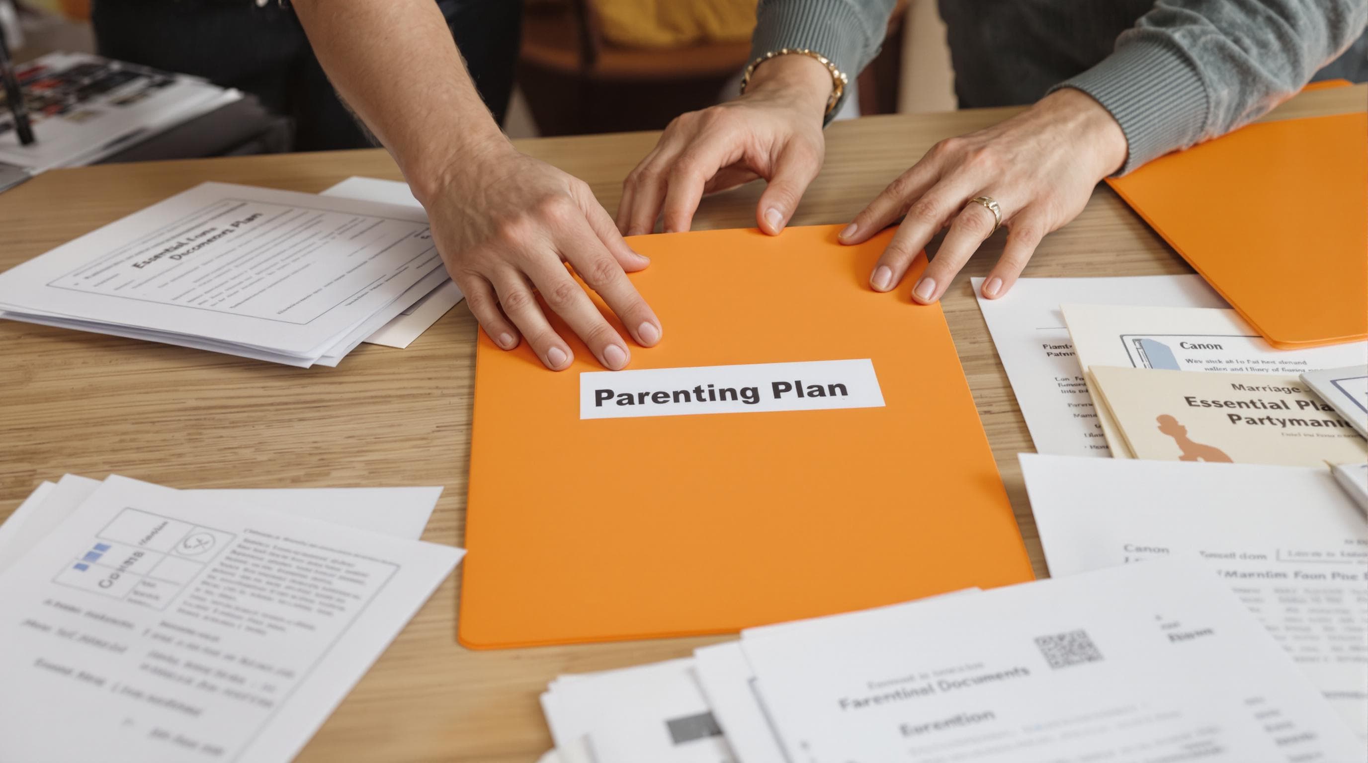 Hands sorting marriage, financial, and parenting plan documents