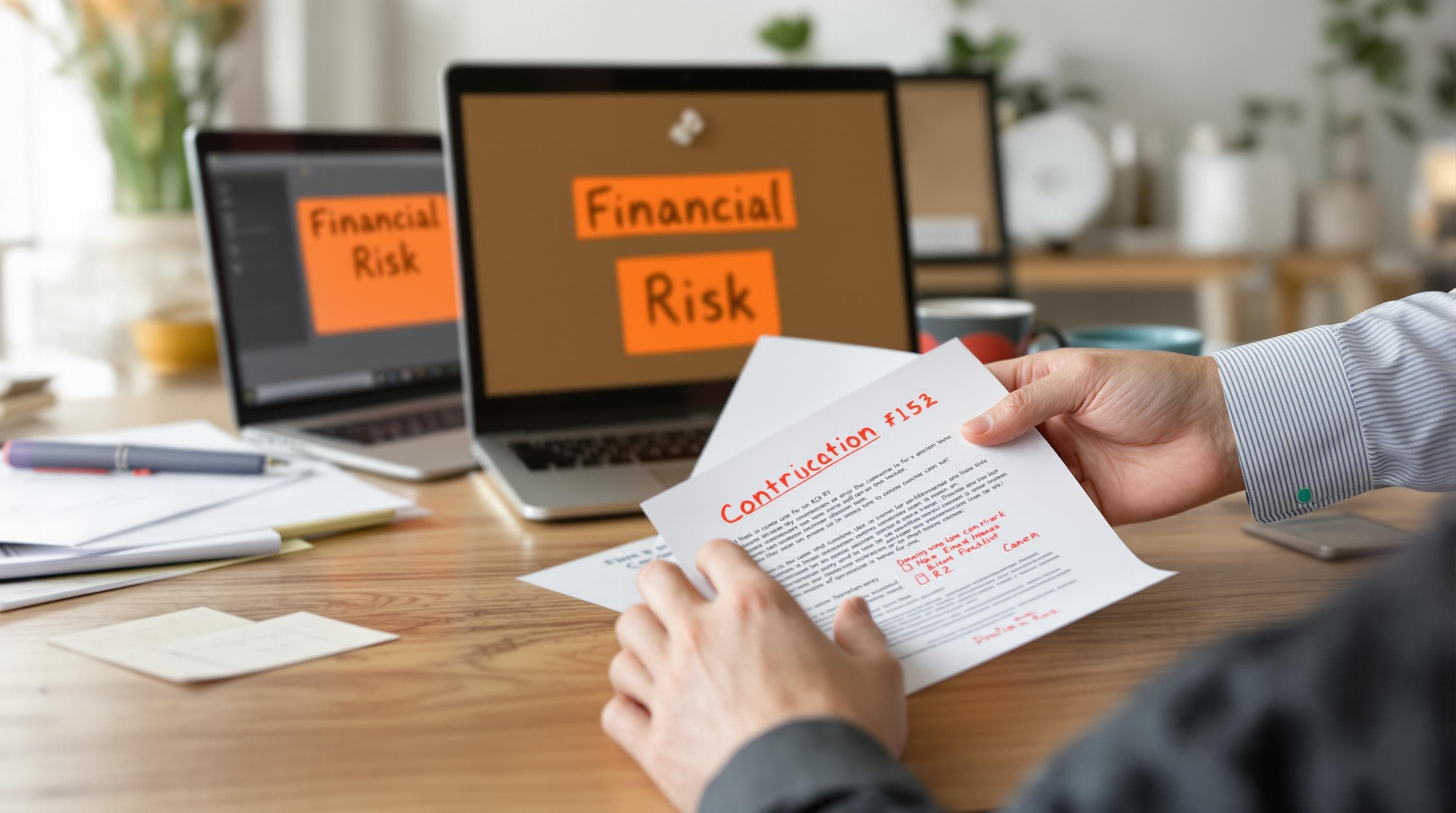 Hands exchange reviewed legal contract with Financial Risk note nearby.